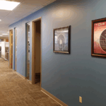 Looking down the hallway towards the cubicles